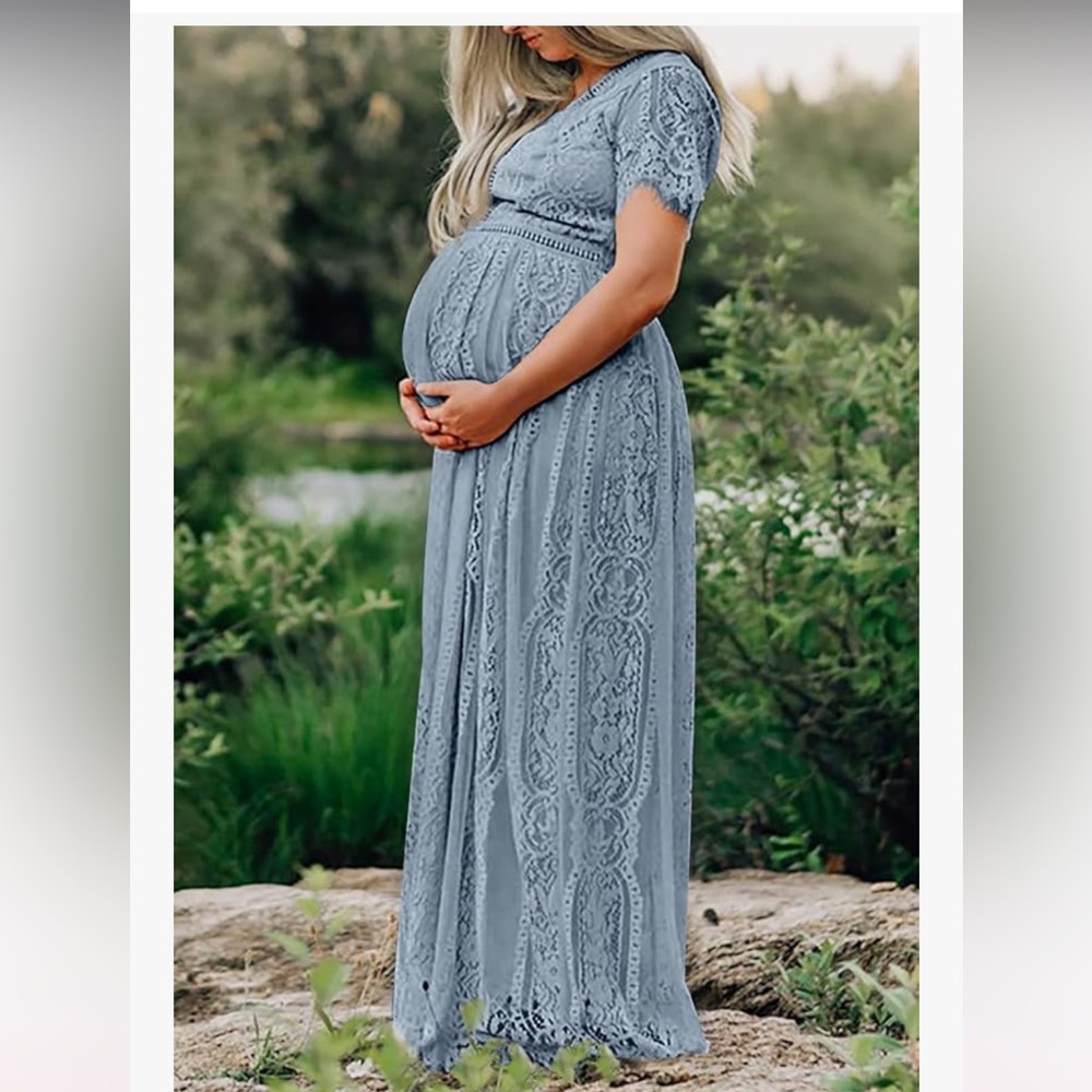 Maternity V Neck Short Sleeve Floral Lace Maxi Dress Size- XL